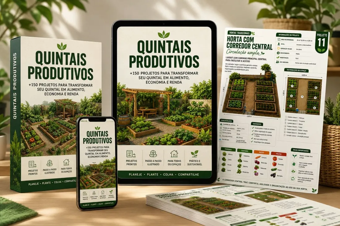 Projetos de quintais produtivos abertos no celular, tablet, computador e em páginas impressas